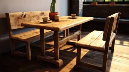 Fototapeta na wymiar Set of wood table in restaurant for people eatery food. Generative Ai