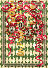 Christmas casino card, poker chip 2024 new year. vector	illustration
