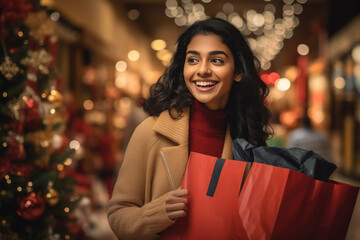 Young woman giving happy expression while shopping - obrazy, fototapety, plakaty