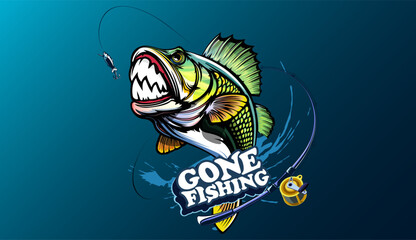 Fishing bass logo. Bass fish with rod club emblem. Fishing theme illustration. Fish Isolated on white.