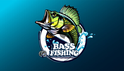 Fishing bass logo. Bass fish with rod club emblem. Fishing theme illustration. Fish Isolated on white.