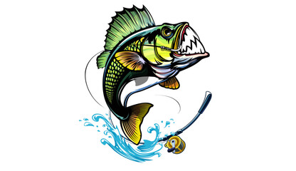 Fishing bass logo. Bass fish with rod club emblem. Fishing theme illustration. Fish Isolated on white.