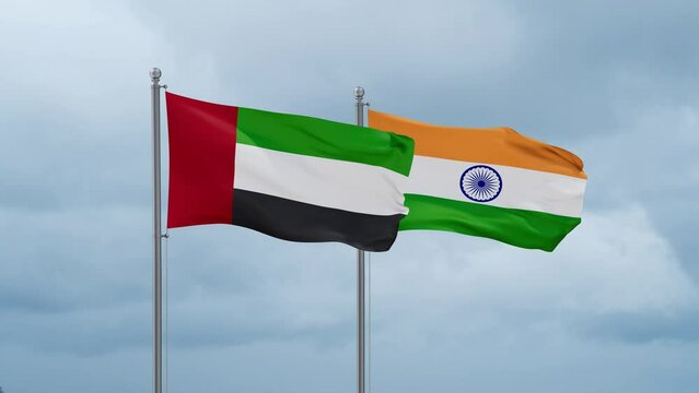 IMF International Monetary Fund flag and  United Arab Emirates UAE flag waving together on blue sky, looped video, cooperation concept