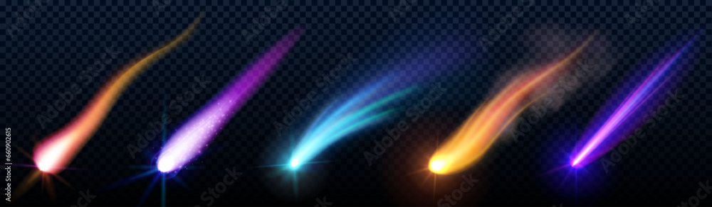 Poster falling or flying comet or meteor with colorful dust and smoke trail with light glowing effect. real
