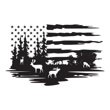 Deers in the forest american flag, hunting deer US flag, distressed american flag, US Flag with deer hunting design illustrator