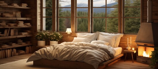 Wooden country house bedroom transformed into a rustic log cabin with a cozy bed near a large window With copyspace for text