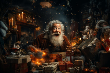 Obraz premium Cheerful emotional Santa Claus with a gifts in hands in his workshop. Christmas fairytale