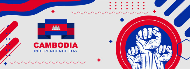 Cambodia independence day, banner design for cambodia national day. banner with cambodian flag colors theme background and geometric abstract retro modern