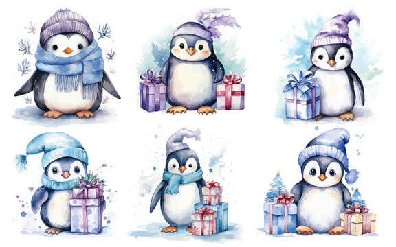set of penguins Christmas and Winter penguins Blue and Purple watercolor vectors