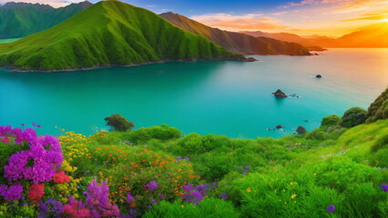 Beautiful colorful rich nature of Alaska at sunrise, emerald green sea, greenery, and flowers. High resolution, photogenic