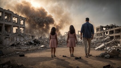Those affected by the war stood looking at the ruins in despair.