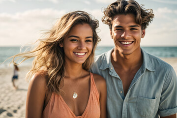 Beautiful young couple smiling on a summer day at the beach - Powered by Adobe