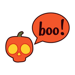 Logo con texto manuscrito boo en burbuja de habla con calabaza de Halloween con forma de calavera humana para su uso en invitaciones y tarjetas