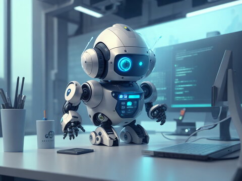 Futuristic tiny robot working in office, robot analising data in a futuristic office