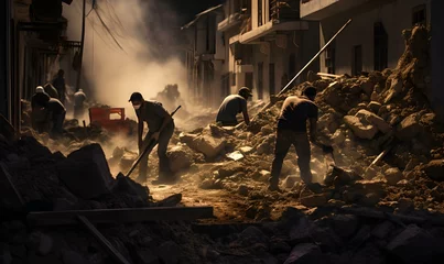 Fotobehang Suche nach Überlebenden: Rettungskräfte in den Trümmern © Max