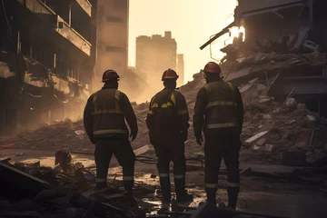 Fotobehang Rettungskräfte suchen in den Trümmern nach Überlebenden nach dem Erdbeben © Max
