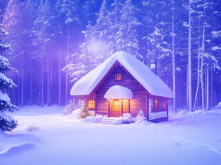 Winter Christmas background. Snow and magic light. House in the forest. House in forest covered with snow decorated for christmas
