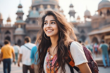 Fototapeta premium Attractive young female tourist looking city, smiling and enjoying