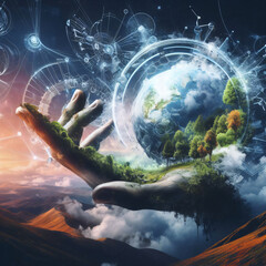 surreal hand holding earth with sci-fi background