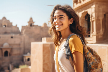 Attractive young female tourist looking city, smiling and enjoying