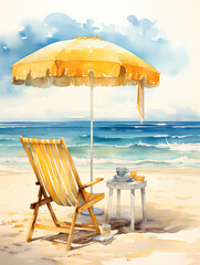 Empty - A Watercolor Painting Of A Chair And Umbrella On A Beach