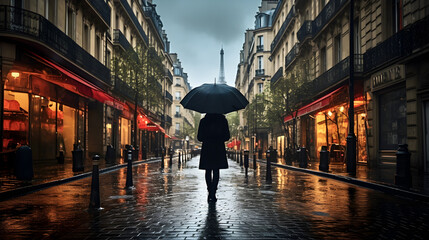 femme qui marche de dos sous un parapluie dans une rue parisienne - obrazy, fototapety, plakaty