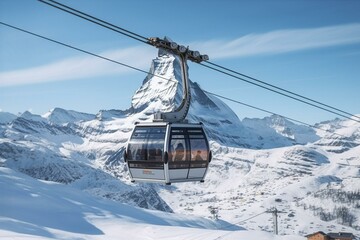 Breathtaking view of Gornergrat, Zermatt, Matterhorn Ski Resort in Switzerland with cable chairlift transport. Generative AI - obrazy, fototapety, plakaty