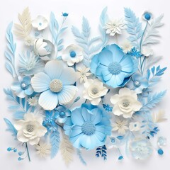 Blue flower bouquet on white background. Greeting card.
