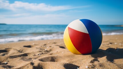 Fototapeta na wymiar Colorful beach ball on sunny sandy beach with blue sky and sea