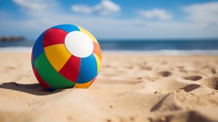 Colorful beach ball on sunny sandy beach with blue sky and sea