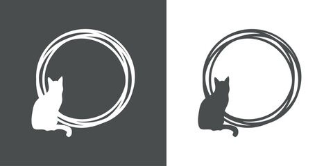 Logo con marco circular con líneas con silueta de gato negro sentado - obrazy, fototapety, plakaty