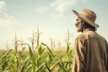 Senior indian farmer standing at corn agriculture field. - obrazy, fototapety, plakaty