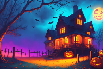 Fototapeta na wymiar Eerie Illumination, Spooky Home for Halloween Vacation
