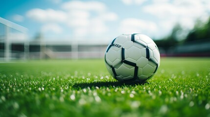 Fototapeta premium Football ball on green field with white lines and goal posts in the background
