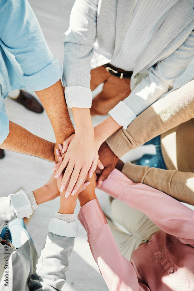 Poster teamwork, hands and support of business people in collaboration from above for integration, trust or