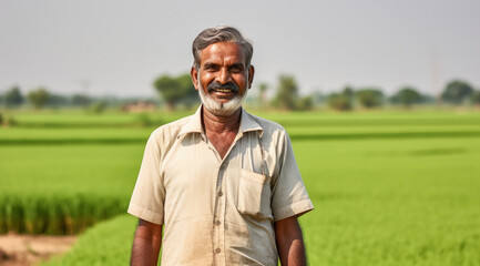 Indian farmer or labor standing at agriculture field. - obrazy, fototapety, plakaty