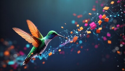 Harmonious data flow concept with Digital humming bird flying

