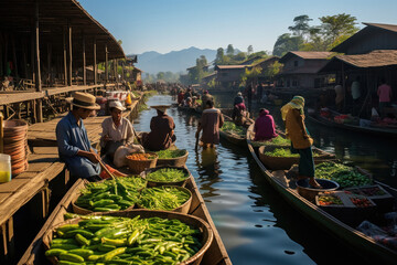 Fototapeta premium Citizens carrying vegetables from the ship