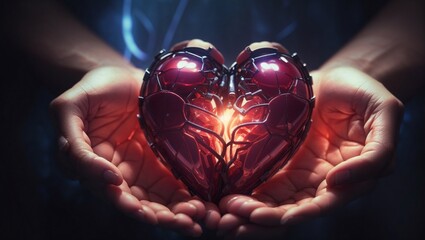 Glowing human heart in hands,

 - Powered by Adobe