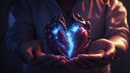 Glowing human heart in hands,

