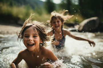 Little children swimming or bathing in the river - obrazy, fototapety, plakaty