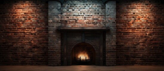 Vacant setting with brick fireplace wall Dark room big windows and fireplace With copyspace for text