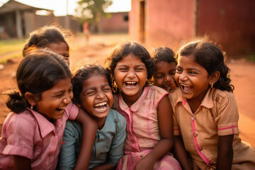 indian little children group laughing together.