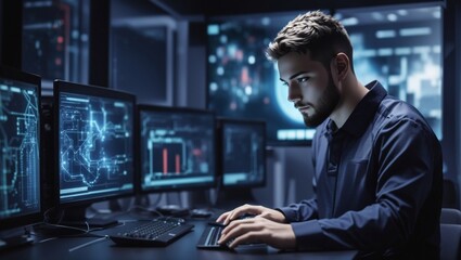 IT technician working on network programming with online technology. Protecting information on the internet with cyber security management.

 - obrazy, fototapety, plakaty