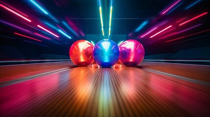 Bowling balls in neon colors rolling down a glossy wooden lane - obrazy, fototapety, plakaty