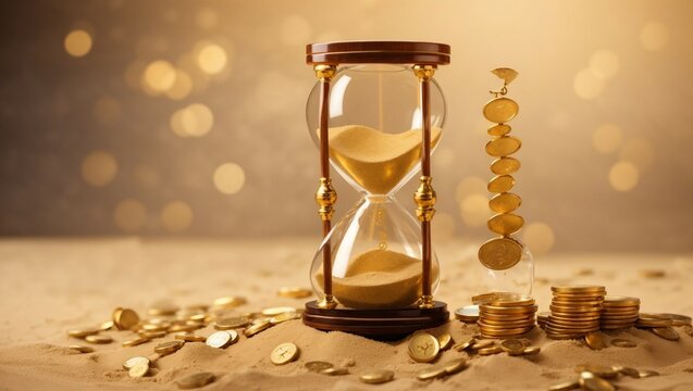 Golden coins and hour glass sand clock. Time is money concept. Investing long term, mutual funds return.

