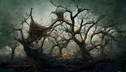 atmospheric environment barren tree branches spreading out like spiderwebs old decaying buildings fungal growths brown and dark green colors highly detailed photorealistic 
