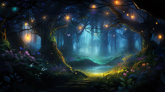 Fireflies night forest landscape. Digital painting, high quality. Insects in forest at night. Tall trees, yellow lights. Beautiful scenery, high quality firefly
