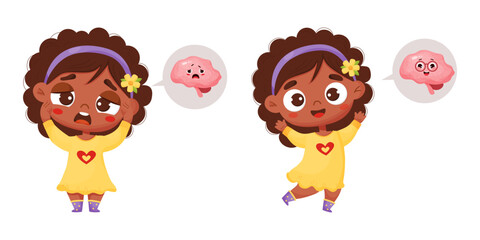 Obraz premium Human health and disease. Cute black ethnic girl suffering from headache, migraine and joyful healthy kid. Next to her is sad and smiling internal organ brain. Vector illustration in cartoon style