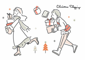 クリスマスショッピングを楽しむカップル　シンプルでお洒落な線画イラスト